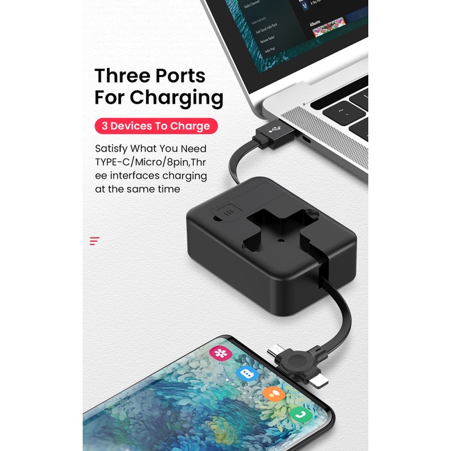 Cáp Sạc Nhanh USB Type C 3A 1M 3 Trong 1 Có Thể Thu Gọn Tiện Dụng Cho Điện Thoại