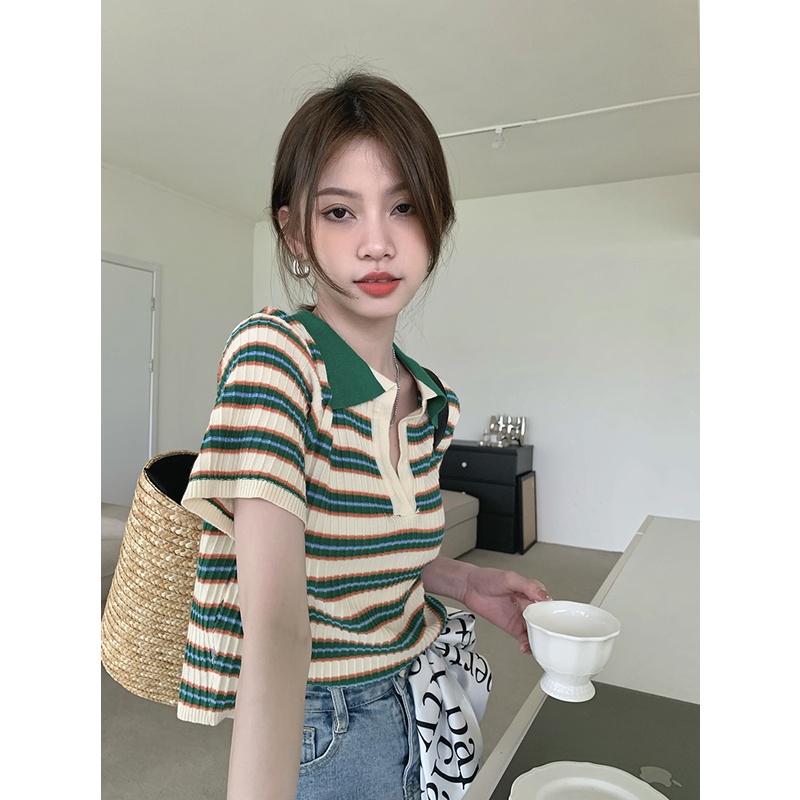 Áo Lửng Dệt Kim Cổ polo Họa Tiết Kẻ Sọc Phong Cách Retro