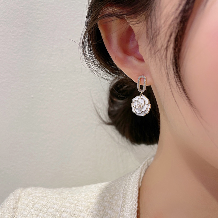 Bông Tai Hình Vuông Đính Hoa Hồng Lấp Lánh Phong Cách Hàn Quốc Thời Trang Cho Nữ