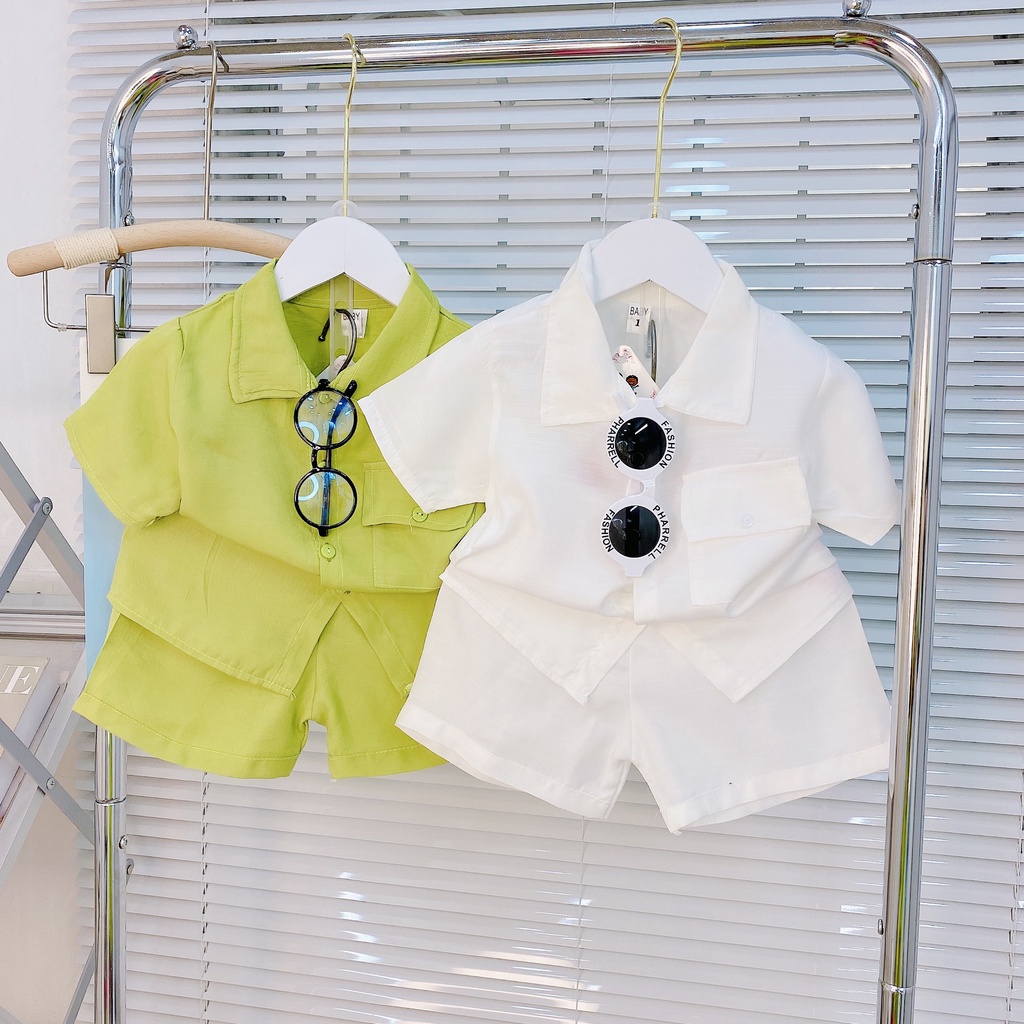 Bộ Cộc Tay Sơ Mi Đũi Kèm Túi Trái Sang Chảnh Cho Bé Chất Liệu Vải Đũi Đủ Size Từ 8-18Kg VNXK Nhật-Hàn