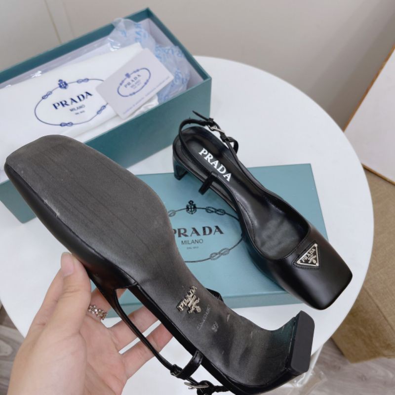 HVit(ẢNH THẬT) Sandal 5 Gót Dẹp Prada Mũi Vuông Da Mềm Êm Fullbox Bill Túi Cao Cấp