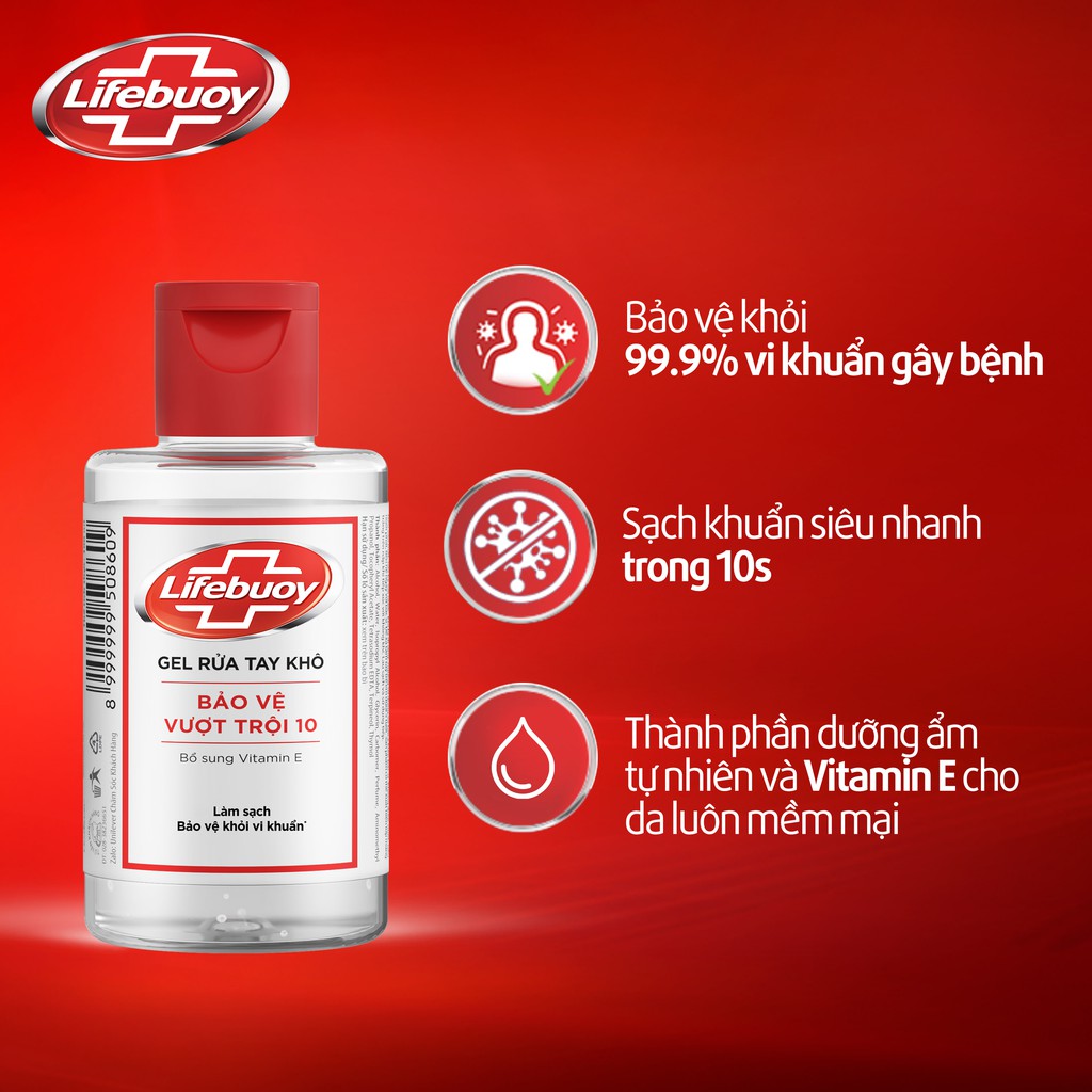 Gel rửa tay khô sạch siêu nhanh Lifebuoy bảo vệ vượt trội 10 (Chai nắp 235ml)
