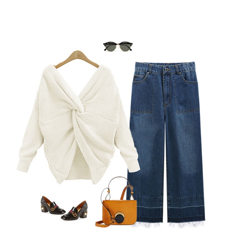 Áo Sweater Dệt Kim Tay Dài Cổ Chữ V Khoét Sâu Hở Lưng Quyến Rũ Cho Nữ