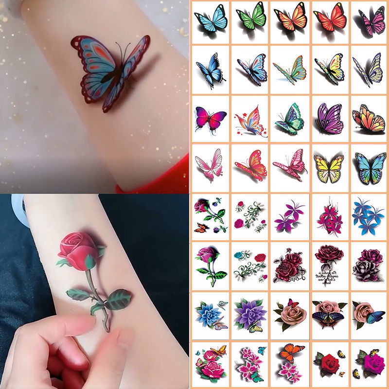 SET 15 Hình Xăm Dán 3d Hình Hoa Hồng / Bướm Không Đau Kháng Nước Lâu Trôi Dễ Sử Dụng Cho Học Sinh
