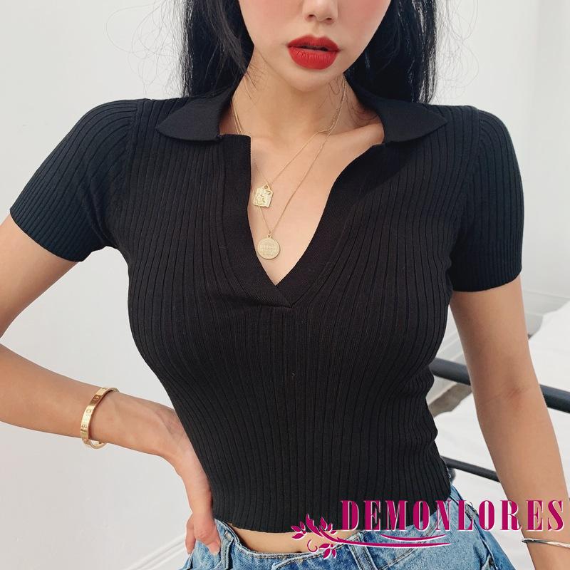 Áo Lửng Ngắn Tay Cổ Chữ V Thời Trang Gợi Cảm Cho Nữ