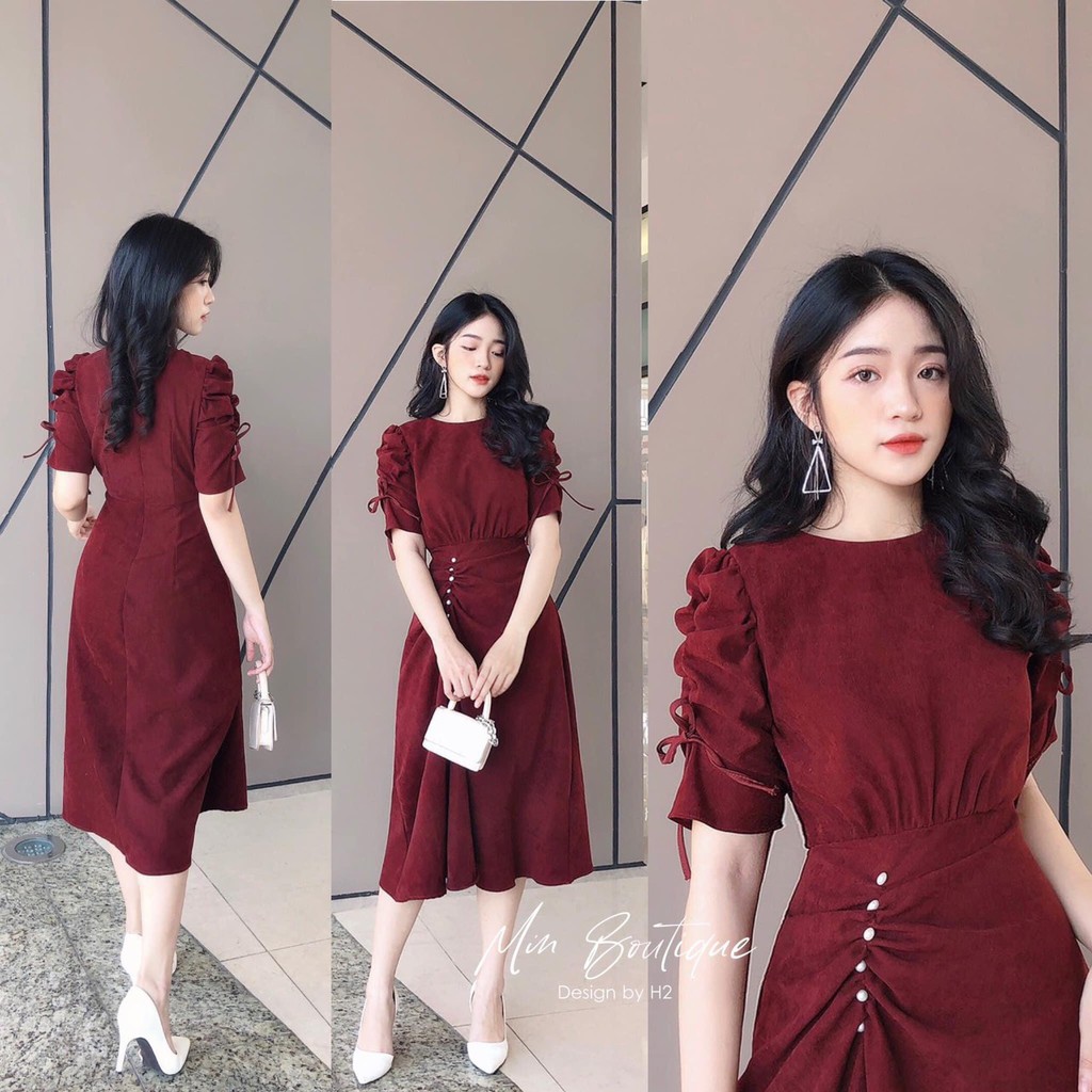 ĐẦM THIẾT KẾ RÚM EO TAY BỒNG RÚT DÂY ĐÍNH CÚC NGỌC 086