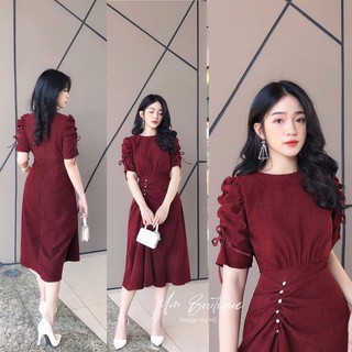 ĐẦM THIẾT KẾ RÚM EO TAY BỒNG RÚT DÂY ĐÍNH CÚC NGỌC 086