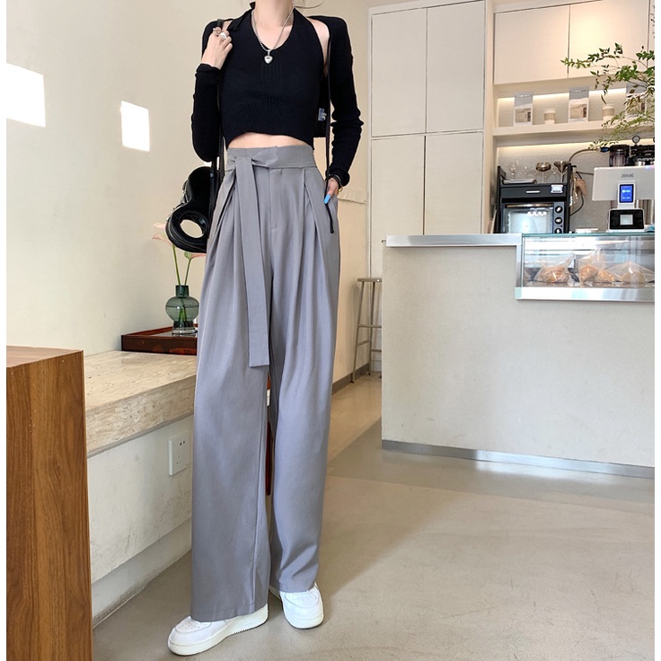Quần ống suông rộng eo cao màu trơn thời trang Hàn Quốc tối giản cho nữ