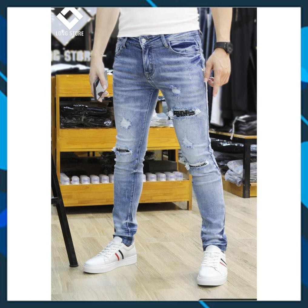 SALE - Quần jean nam vá da đính đá màu xanh bạc 🟢 Quần bò nam SUPER dáng ôm SLIMFIT skinny co giãn cao cấp - LF635