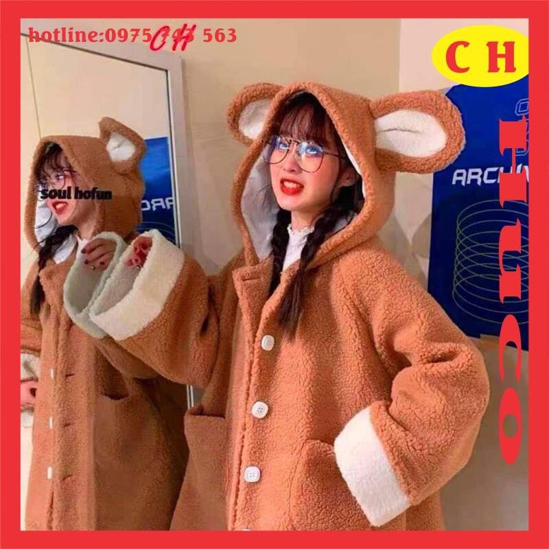 Áo khoác Lông gấu nỉ xám thêu , lông hai mặt, áo lông tai gấu, giá rẻ nhất thị trường freesize unisex