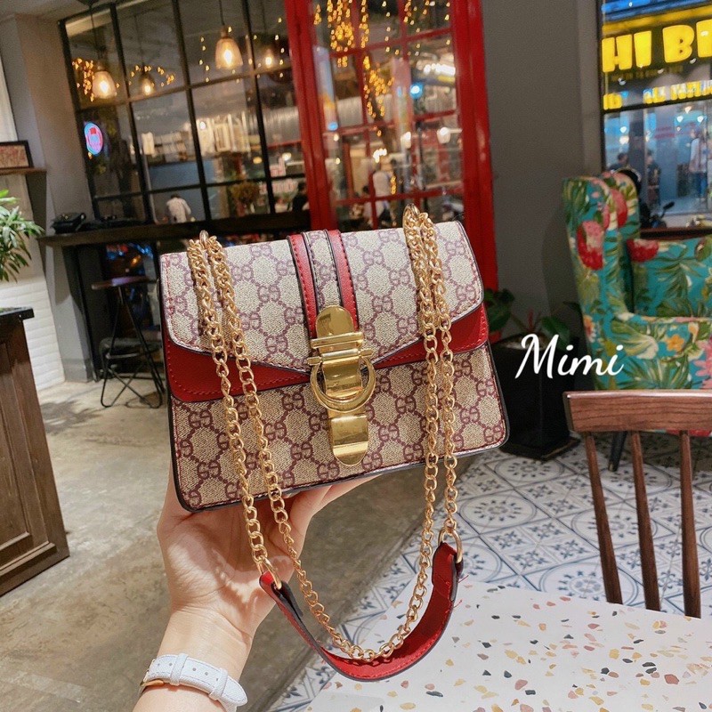 Túi Gucci size 20cm hộp nắp tag vàng viền đen đỏ