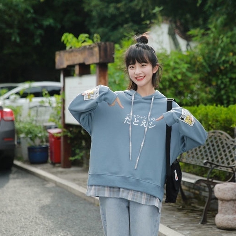 Áo hoodie IELGY dáng rộng dài tay họa tiết kẻ sọc thời trang Nhật Bản cho nữ