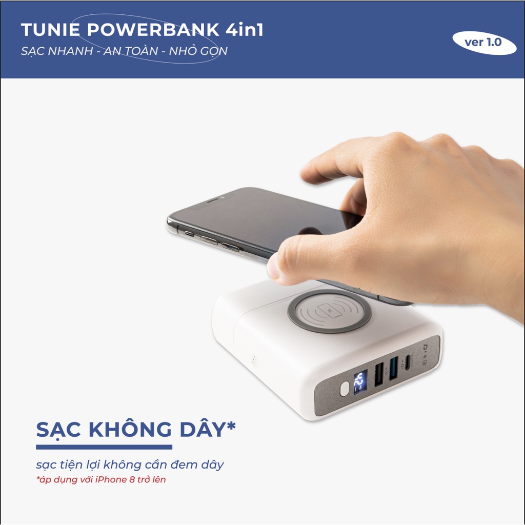 Sạc dự phòng Tunie 4in1 10000mAh hỗ trợ sạc nhanh, sạc không dây, màn LED hiển thị