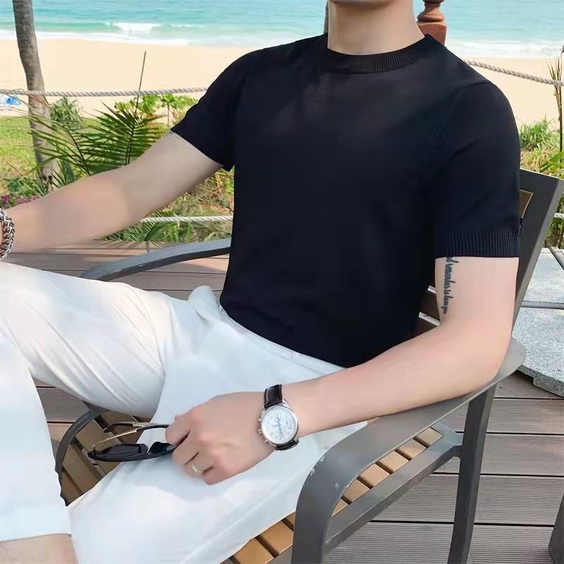 Áo Thun Dệt Kim Tay Ngắn Dáng Ôm Phong Cách Hàn Quốc Thời Trang Mùa Hè Cho Nam