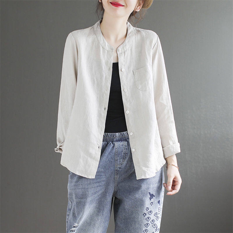 Áo Sơ Mi cotton Lanh Tay Dài Dáng Rộng Màu Sắc Đơn Giản Phong Cách Retro Cho Nữ