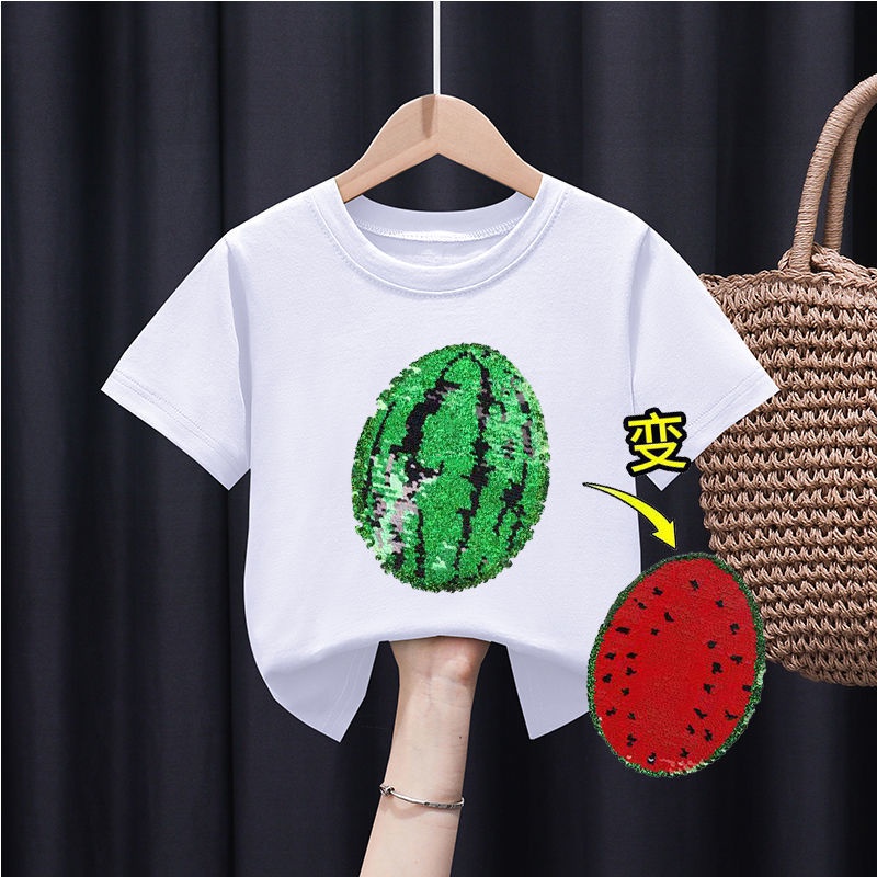 Hàng Có Sẵn Miễn Phí Vận Chuyển Áo Thun Cotton Ngắn Tay Đính Kim Sa Hình Dưa Hấu Hoạt Hình Phong Cách Mới Cho Trẻ Em