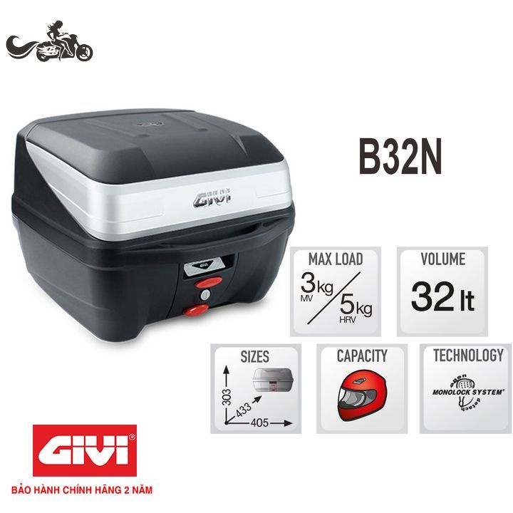 Thùng Sau 32 Lít Mã B32NB Hàng Chính Hãng Givi Bảo Hành 2 Năm