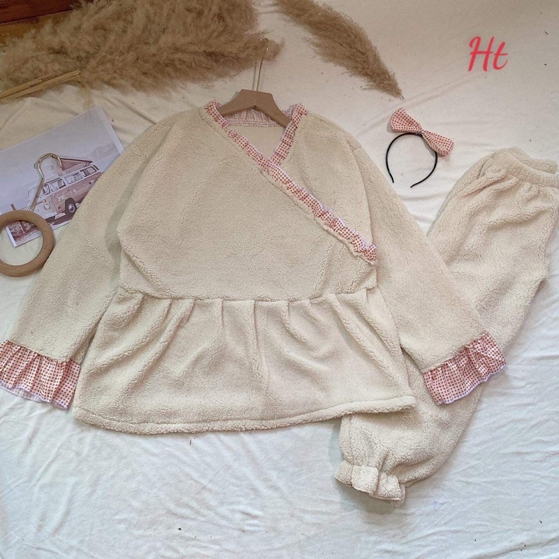 Bộ ngủ lông viền kẻ kèm bờm H2