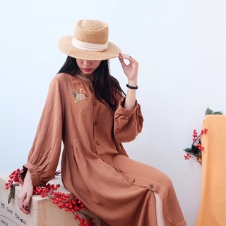 Đầm Nobi tay chuông tùng nhún xoè rộng vải linen đũi Nhật, thêu tay dễ thương
