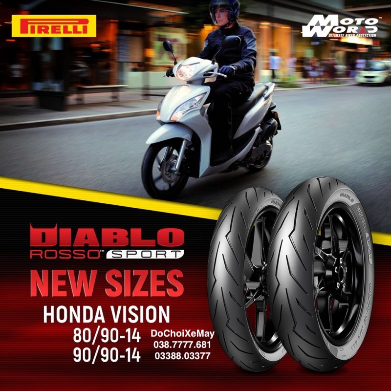 Vỏ Pirelli Rosso Sport cao cấp nhất dành cho tay ga 14 inch Vario Click Vision Airblade PCX Mio Scoopy . DoChoiXeMay