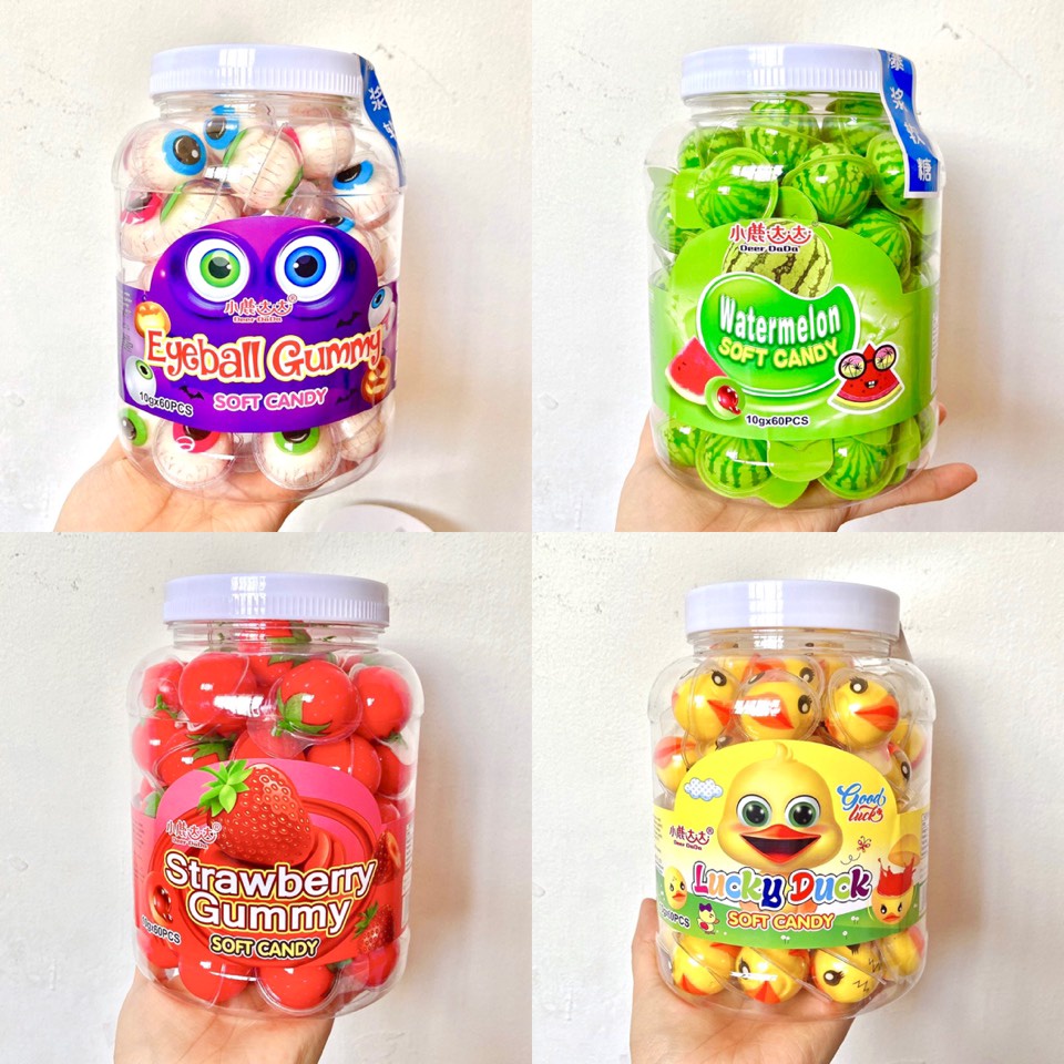 1 viên kẹo dẻo có nhân hình con mắt, con vịt, dưa hấu, dâu tây, cái mông siêu thơm ngon - Ăn vặt Sài Gòn