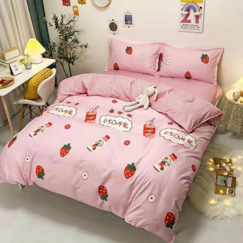 Bộ Chăn Ga Gối Dâu Tây Đỏ Nhập Khẩu Cotton Poly