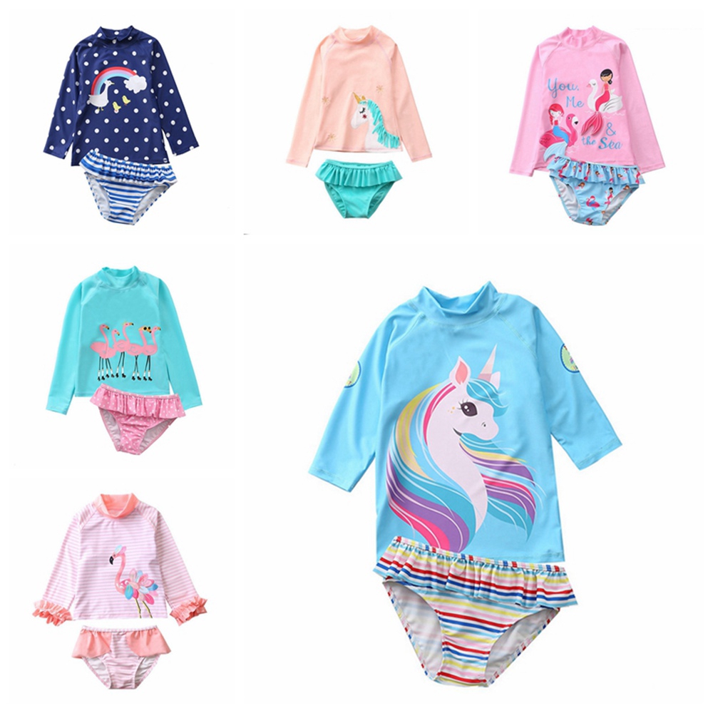 1-10 Years Long Sleeve Girls Swimwear Cartoon Flamingo Unicorn Baby Girls Swimsuits Infant Toddler Swimming Suit