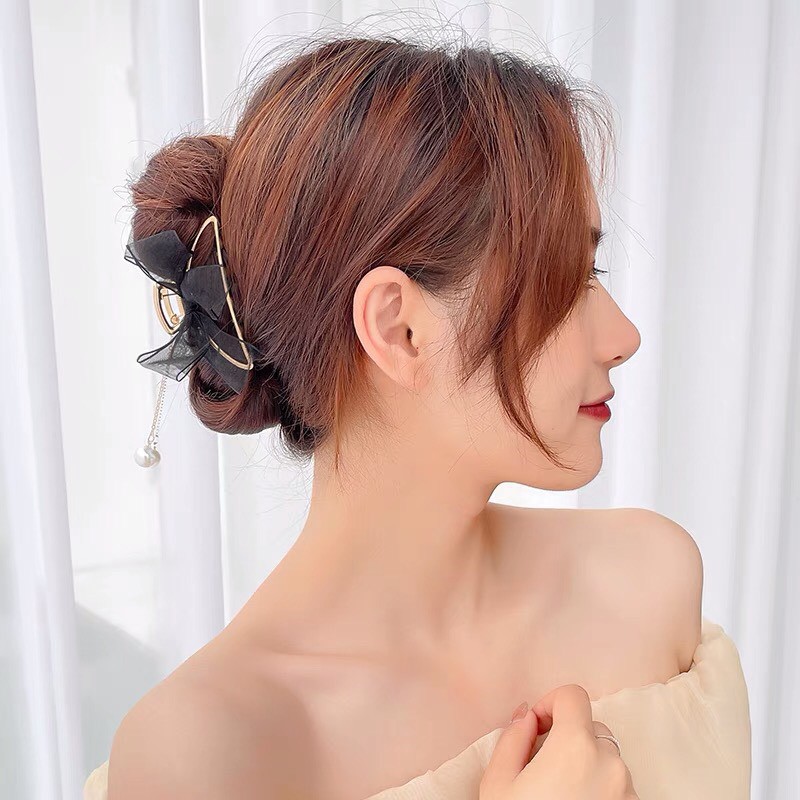Kẹp tóc càng cua Hàn Quốc hình nơ phối hạt trai Cặp búi tóc tiểu thư nhiều màu xinh xắn sang trọng cho nữ Miituu KDN