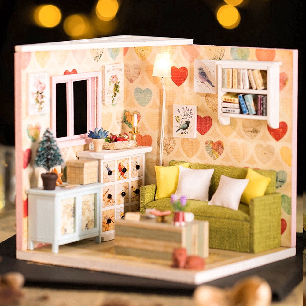 Mô hình nhà gỗ búp bê Tự, Bộ đồ chơi búp bê thu nhỏ với nội thất, làm Nhà thủ công Sưu tầm cho sở thích  M
