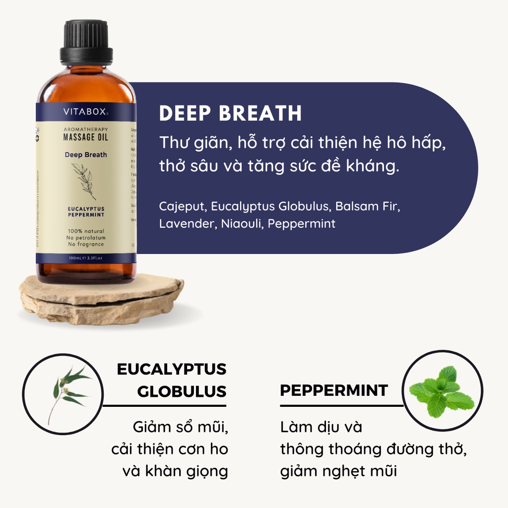 Dầu massage body VITABOX Deep Breath aromatherapy massage oil mát xa thư giãn thở sâu từ dầu nền và tinh dầu thiên nhiên