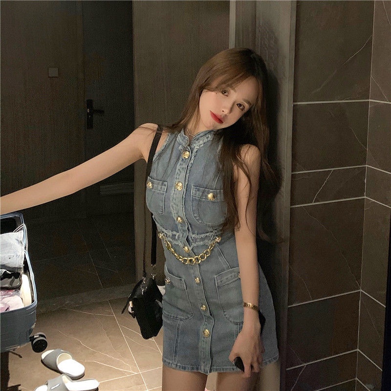 Jiashucheng Hàng Có Sẵn Đầm Denim Ngắn Dáng Chữ a Ôm Eo Sờn Phong Cách Mới 2022 Mùa Hè Cho Nữ