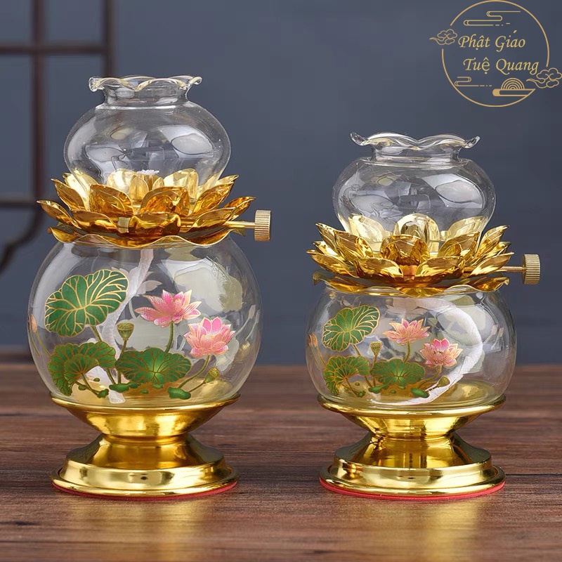 Đèn dầu thủy tinh ,pha lê có 3 loạ hoa văn ,hình chữ phật, chiếu tài tấn bảo,hoa sen -phật giáo tuệ quang
