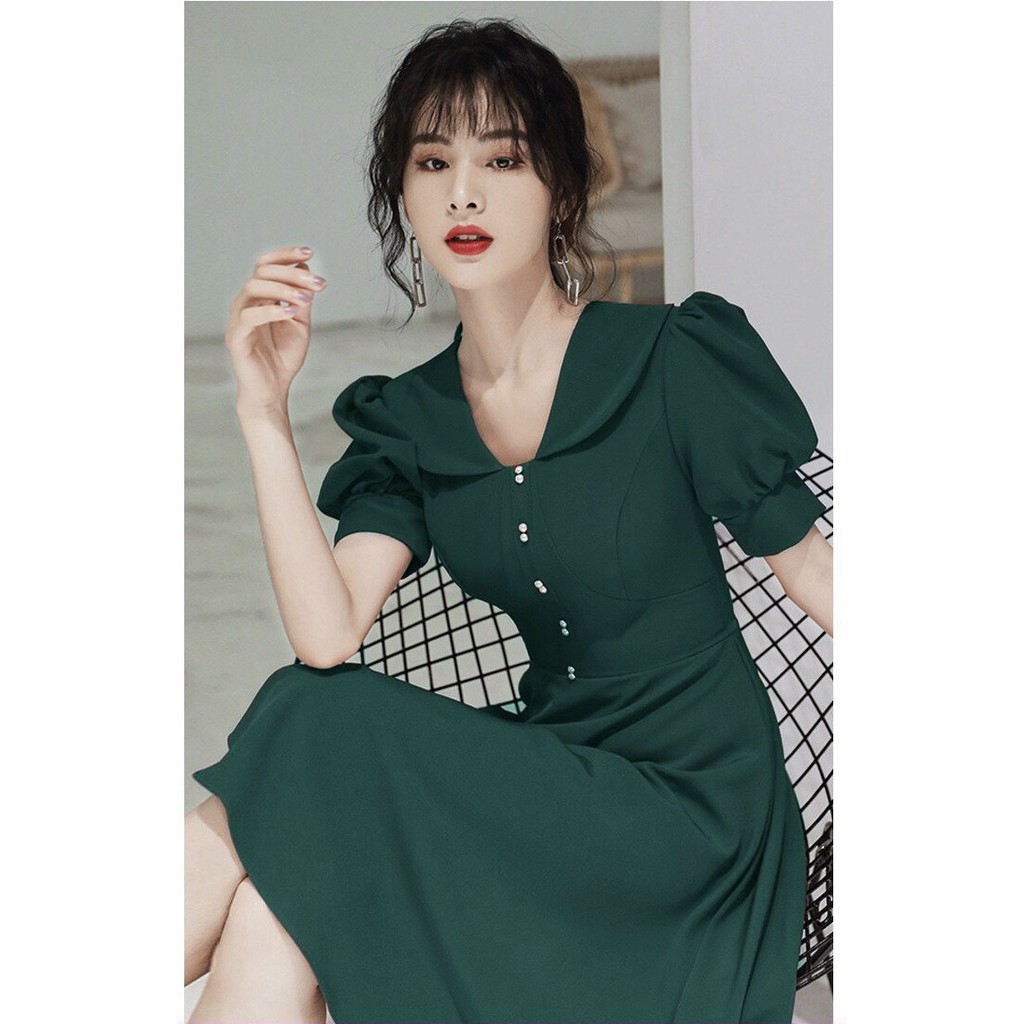 Đầm Dáng Xòe ❤️FREESHIP❤️ Cổ Sen Nút Đôi Tay Phồng | BigBuy360 - bigbuy360.vn