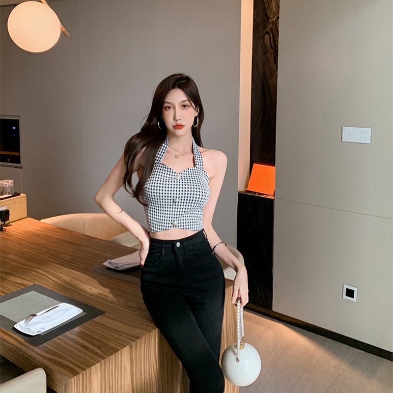 Áo hai dây họa tiết Houndstooth quyến rũ thời trang thu đông | BigBuy360 - bigbuy360.vn