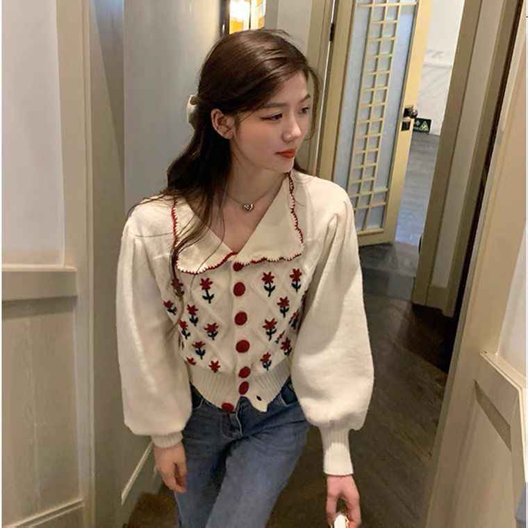 Áo Khoác Cardigan Dệt Kim Cổ Búp Bê Thêu Họa Tiết Xinh Xắn Cho Nữ  tao bao