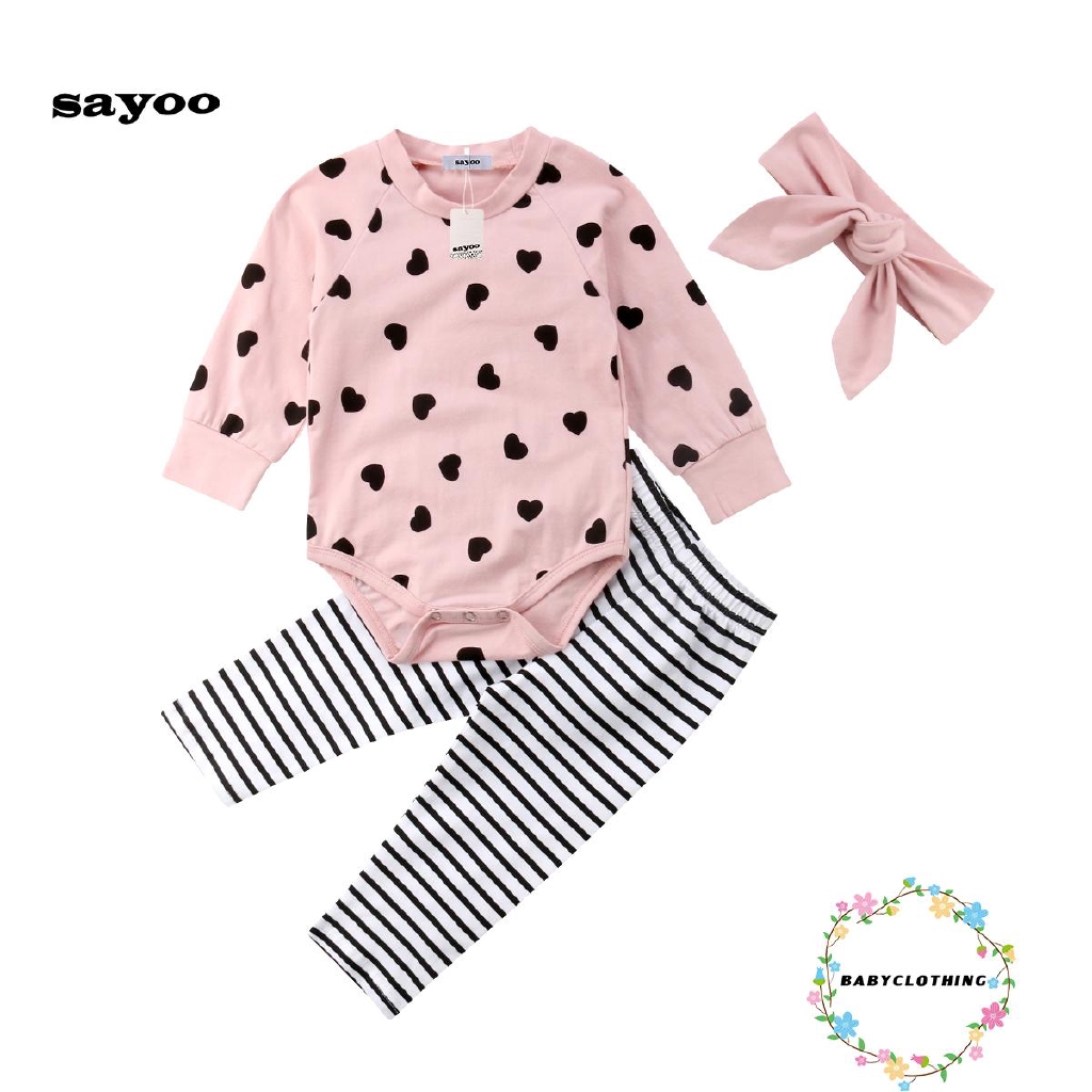 ღWSVღLove Heart Pink Baby Girls Long Sleeve Romper Bodysuit +Stripe Pant+ Headaband Casual Cotton Outfits Clothes