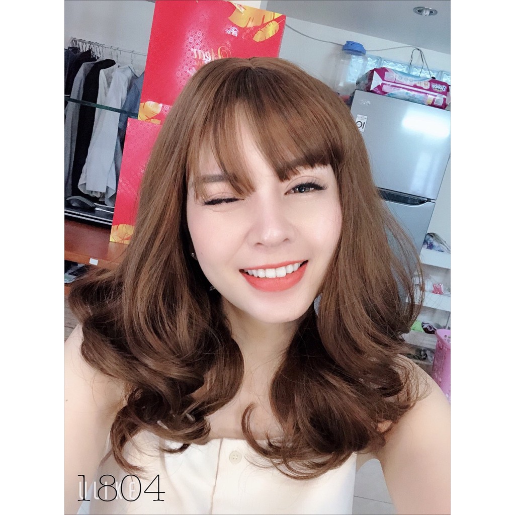 Tóc giả nữ nguyên đầu xoăn ngang vai, tóc bộ cả đầu mái thưa hàn quốc