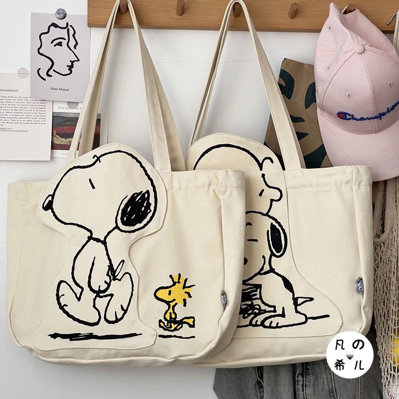 Túi Xách Canvas Cỡ Lớn Thêu Họa Tiết Hoạt Hình Snoopy / Charlie Dễ Thương Cho Nữ