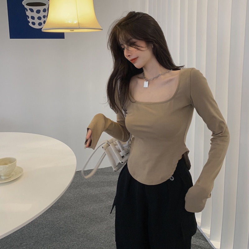 Áo Thun Tay Dài Cổ Chữ U Màu Sắc Đơn Giản Cho Nữ