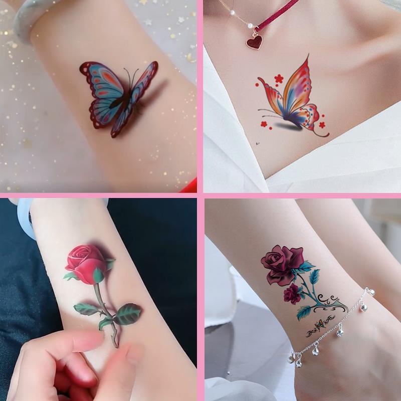 SET 15 Hình Xăm Dán 3d Hình Hoa Hồng / Bướm Không Đau Kháng Nước Lâu Trôi Dễ Sử Dụng Cho Học Sinh