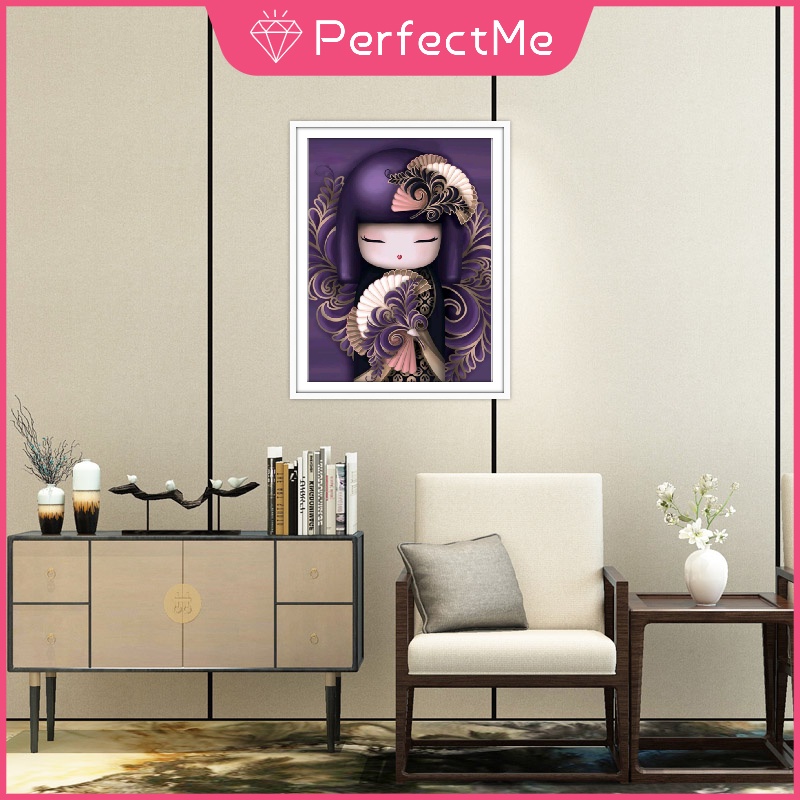 Bộ dụng cụ làm tranh đính đá họa tiết búp bê Nhật Bản 5d độc đáo treo tường trang trí nội thất diy 30x40cm