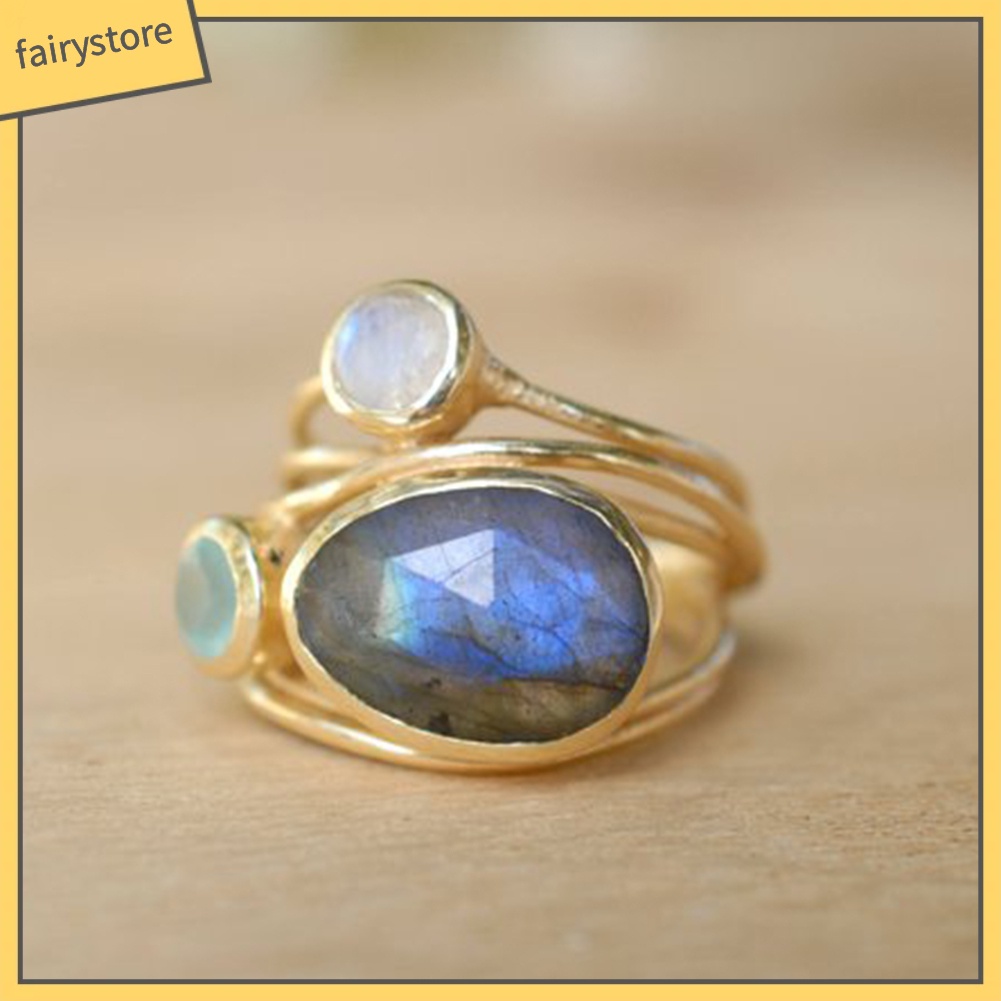 Nhẫn Đính Đá Mặt Trăng Nhân Tạo Nhiều Lớp Phong Cách Cổ Điển