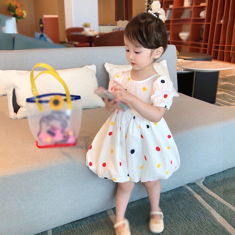 Đầm Công Chúa Tay Phồng Ngắn Cổ Tròn Lưng Cột Dây Họa Tiết Chấm Bi Phối Bèo Dễ Thương Cho Bé Gái