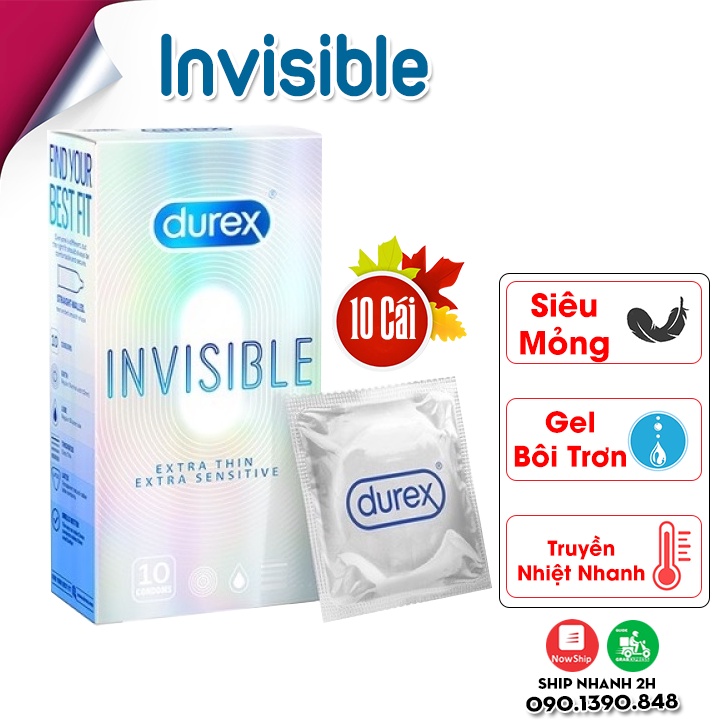 - Bao cao su Durex iNViSiBLE Siêu Mỏng Tăng Cảm Giác Thật - Size 52mm, Xuất Xứ Thái Lan - Hộp 10c