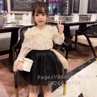 Set áo ren cổ nơ tiểu thơ cho bé gái