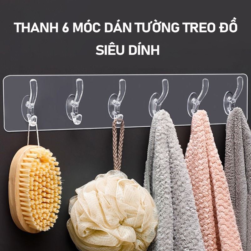 Thanh 6 Móc Dán Tường Siêu Dính Trong Suốt Treo Đồ, Quần Áo, Khăn, Đồ Dùng Nhà Bếp - Siêu Dính, Siêu Chịu Lực