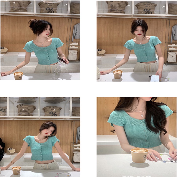 Áo croptop dệt kim SUXI tay ngắn màu trơn thời trang mùa hè dành cho nữ