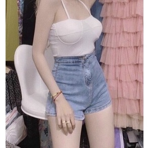 quần jean short lưng cao 1 nút không túi ly