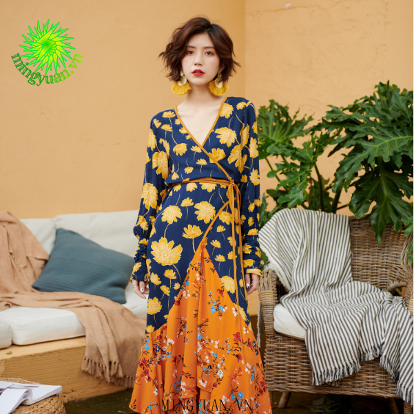 ( Mingyuan ) New sexy V-neck print dress