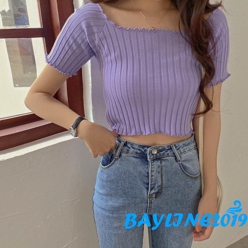 Áo dệt kim tay ngắn trễ vai màu sắc đơn giản thời trang dành cho nữ